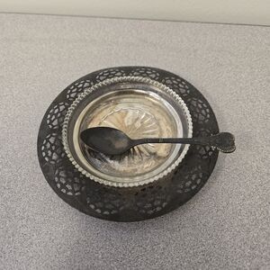 Silverplate Tarnished Relish Dish With Spoon